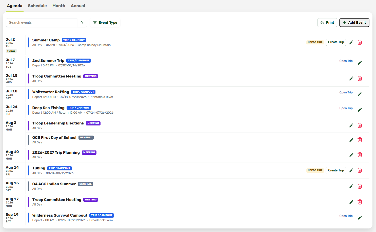Troop calendar Agenda view listing upcoming events grouped by date, with view-switcher tabs