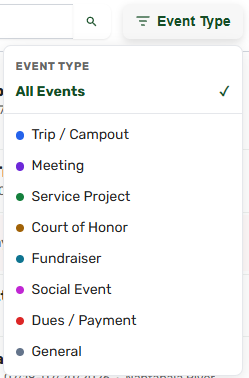 Calendar event-type filter open with color-coded options and active filter tags