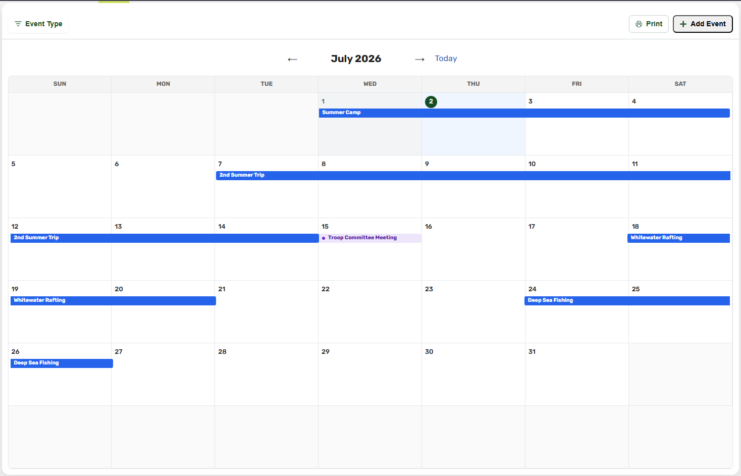 Troop calendar Month view with color-coded meetings, a multi-day campout, and other event types