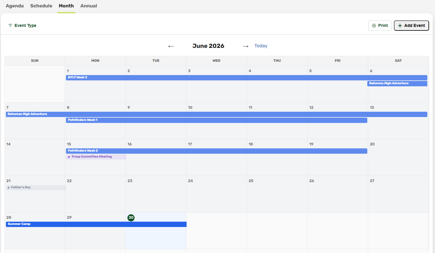 Troop calendar in Month view with color-coded events