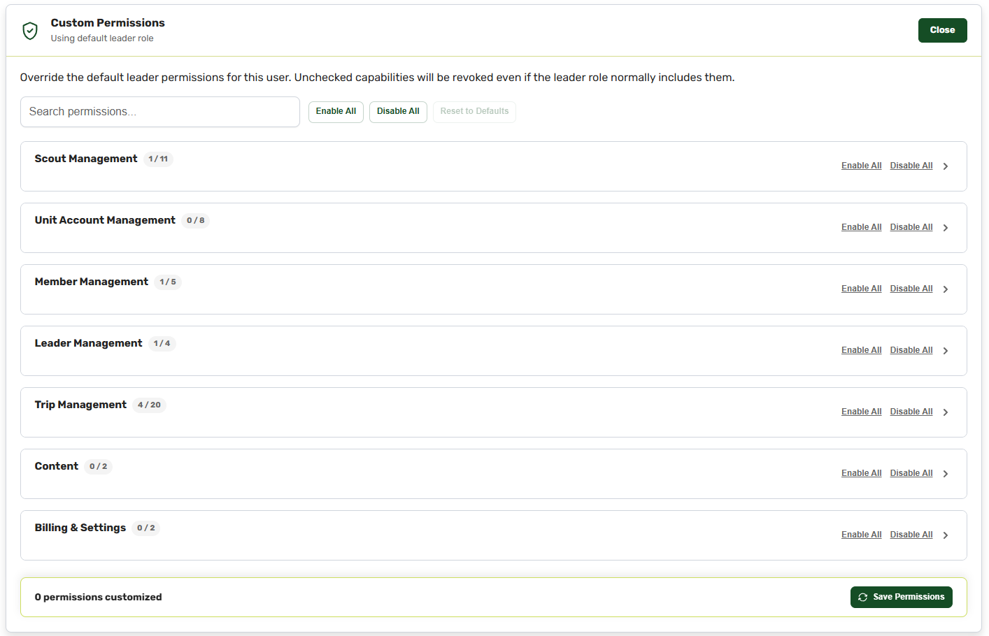 Per-leader permission toggles grouped by job on a member profile, as seen by an admin