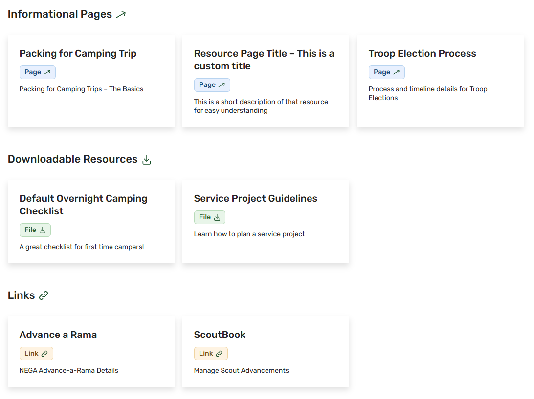The full troop resource library a parent sees: informational pages, downloadable files, and links with a search box