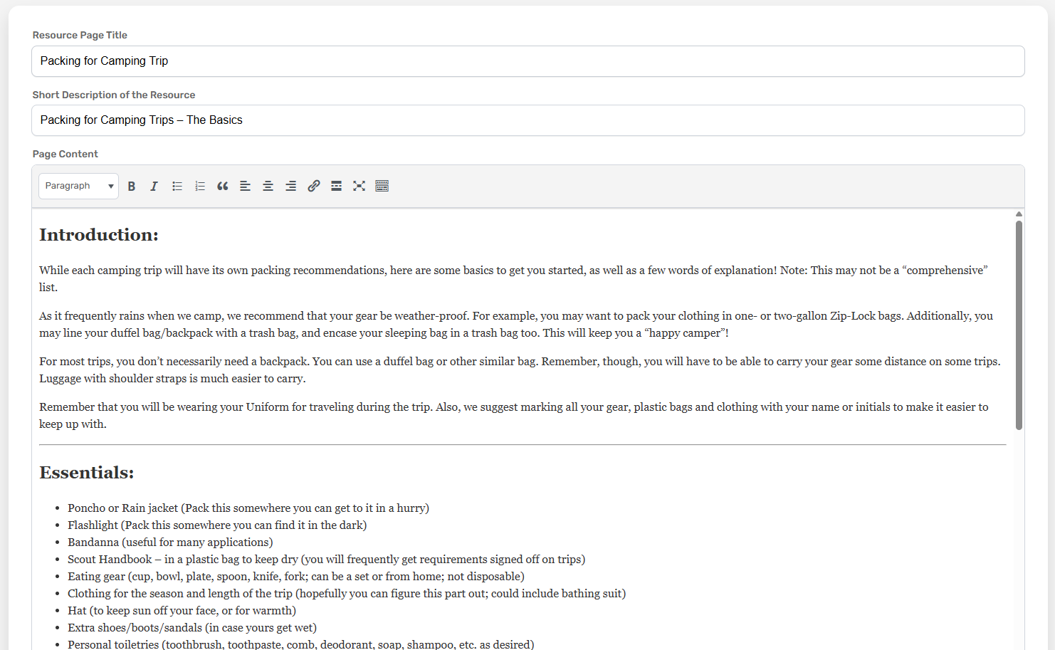 The resource page editor with a summer camp packing list being written in a rich-text editor