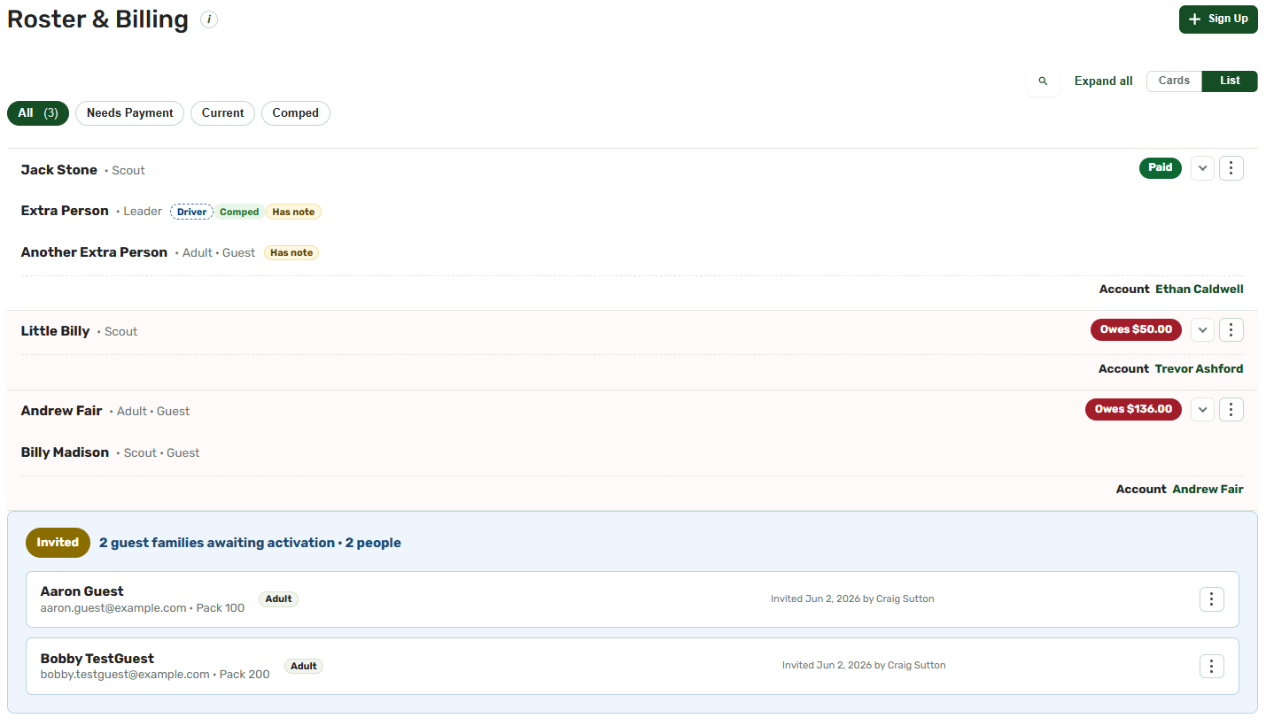 Trip billing view showing each participant's paid status and the trip account ledger