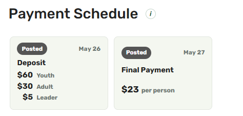 Trip schedule with priced itinerary line items and separate scout and adult rates