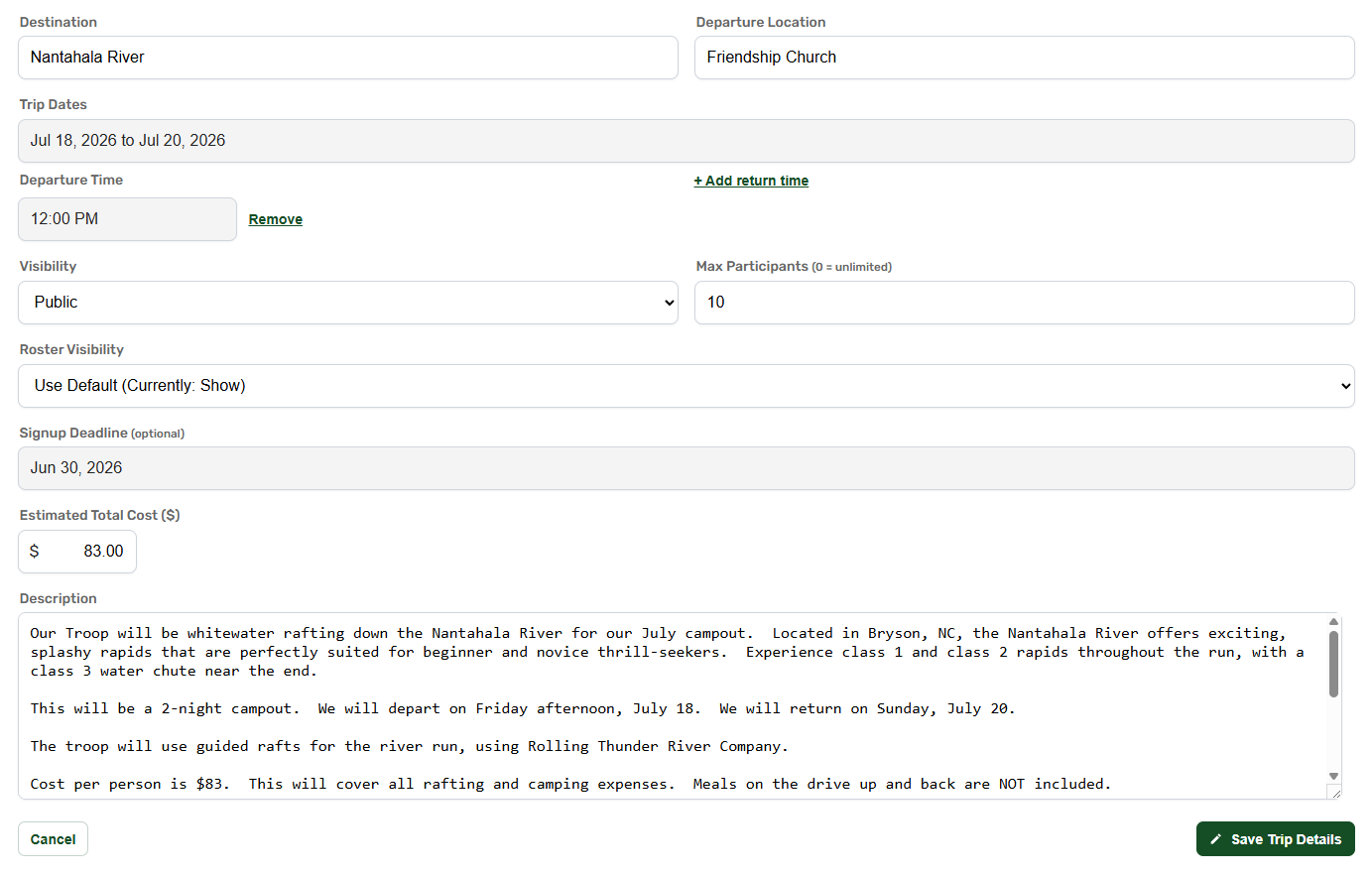 Trip detail page showing dates, destination, signup window, participant cap, and assigned trip managers