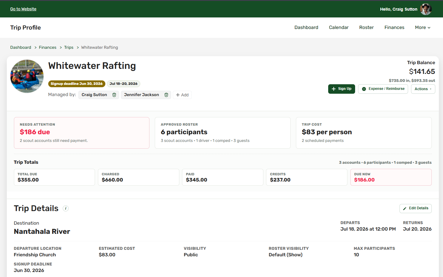 A trip page showing roster, per-scout charges, and balance due