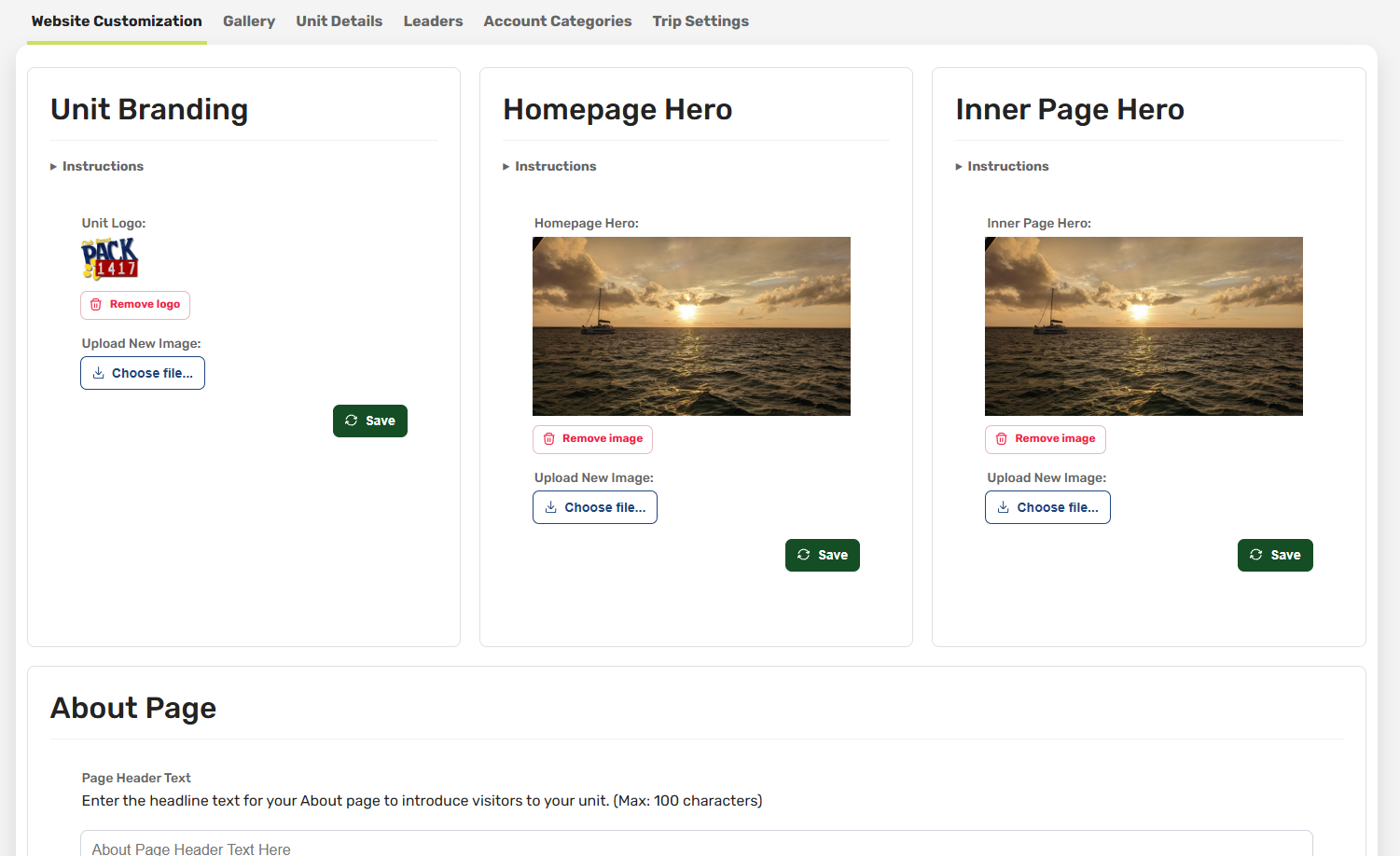 Site Settings screen where a troop uploads its logo and hero images