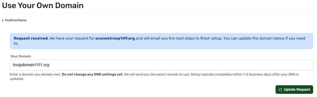 The Site Settings card where a troop requests its own custom domain