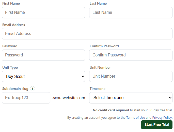 The signup form confirming a troop's chosen web address is available