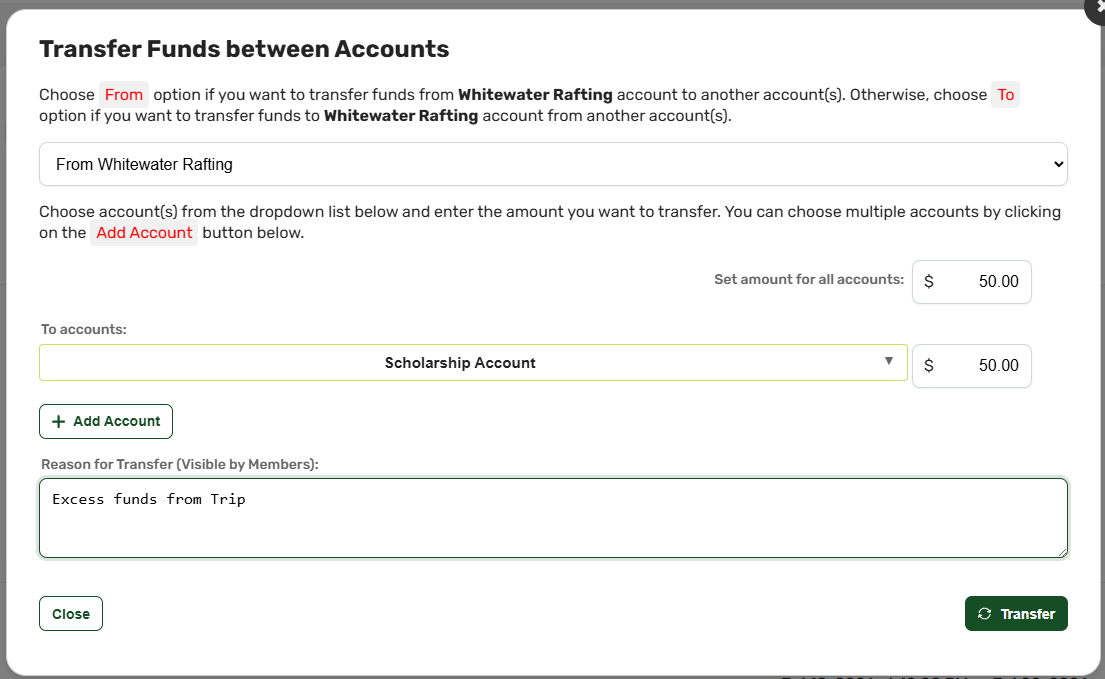 Transfer popup splitting a fundraiser payout across three scout accounts